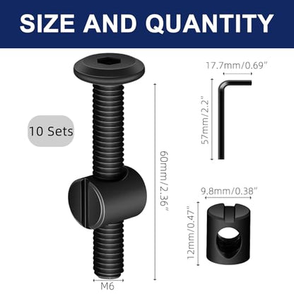 M6 x 60mm Black Flat Head Socket Head Screw Furniture Bolts and Barrel Nuts, with Allen Wrench Perfect for Furniture, 10 Sets - color: Black, size: M6 x 60mm