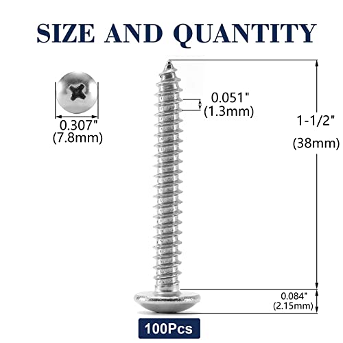 #6 x 1-1/2" Wood Screw 100Pcs Truss Head Phillips 18-8 (304) Stainless Steel Fast Self Tapping Screws by SG TZH - size: #6 x 1-1/2"