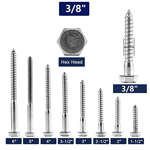 3/8" x 1-1/2" Hex Head Lag Screws Bolts 20Pcs 304 Stainless Steel 18-8, Partial Thread, Hexagon Head Wood Screws by SG TZH - size: 3/8-16 x 1-1/2"