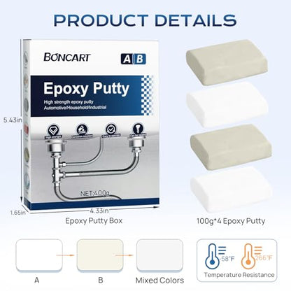 Boncart High Strength AB Epoxy Putty, 400g Steel Reinforced Repair Filler - color: 400g, White