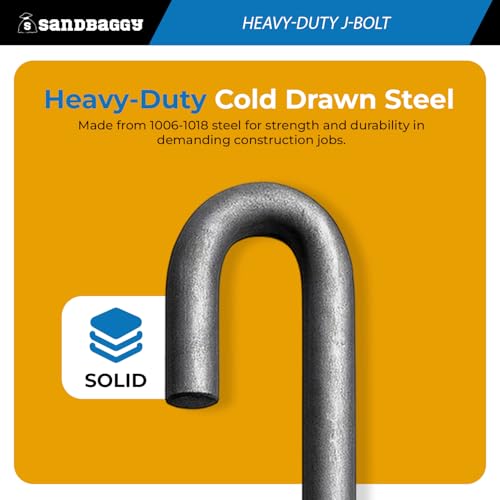 Sandbaggy 1/2" Galvanized Threaded J-Bolt Concrete Anchor (Nut & Washer Included) - J Hook Type Bolts (10, 8" Length)