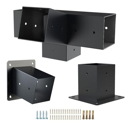 4-Way Brackets with Post Base 3 Pcs Pergola Brackets Kit for 4x4 - size: 1P 15° 4-Way Bracket + 1P 15° Base + 1P Base