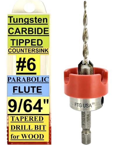 FTG USA #6 (9/64") TCT Tapered Wood Drill Countersink, No-Mar Bearing Stop - size: #6, style: Parabolic Flute with Depth Stop
