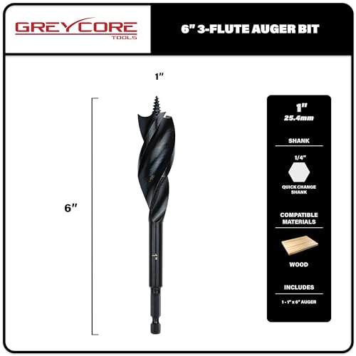 Greycore Tools 1 Inch x 6 Inch 3-Flute Auger Bit, Wood Drill Bit for Hard and Soft Wood, 1/4” Quick Change Shank, Woodworking Auger Bits (1” x 6” Auger) - size: 1" x 6", style: 6 Inch