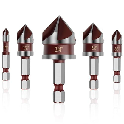 5PCS Countersink Drill Bit Set, 1/4" Hex Shank Countersink Bit Set for Wood