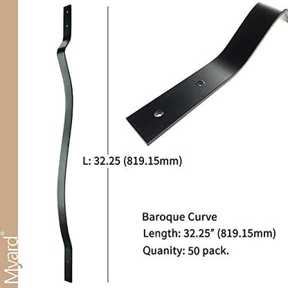 Myard 32-1/4 Inch Iron Deck Balusters, Baroque Wrought Style, Matte Black - color: Black, size: Baroque Curve 32-1/4"