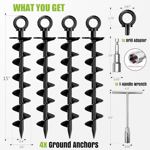 Eurmax USA 4-Pack Heavy Duty Removable Full Spiral Screw in Ground Anchors, Anti-Rust Earth Auger Screw Stakes with Drill Adapter & T-Handle Wrench for Trampoline, Canopy, Tent, Swing Set (Black) - color: Black, style: Round Head Pro
