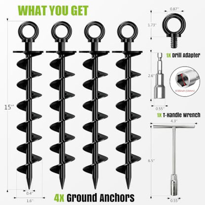 Eurmax USA 4-Pack Heavy Duty Removable Full Spiral Screw in Ground Anchors, Anti-Rust Earth Auger Screw Stakes with Drill Adapter & T-Handle Wrench for Trampoline, Canopy, Tent, Swing Set (Black) - color: Black, style: Round Head Pro