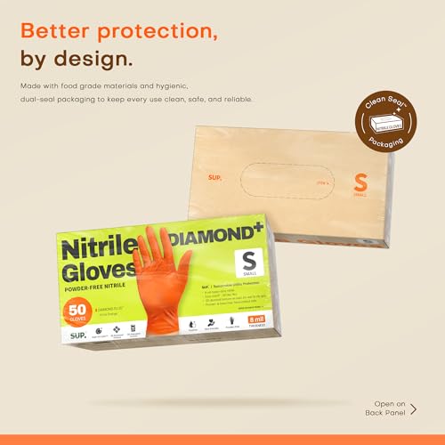 SUPER+ HEAVY DUTY Nitrile Gloves 8 Mil Diamond Texture Disposable Chemical Resistant Powder &Latex Free Food Safe Orange 50Ct - color: Smal (Orange)