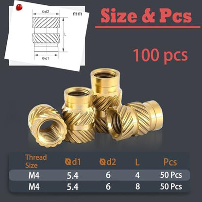 100PCS Brass Heat Set Nuts, M4 Threaded Inserts Assortment - size: M4*4*6,M4*8*6(100pcs)