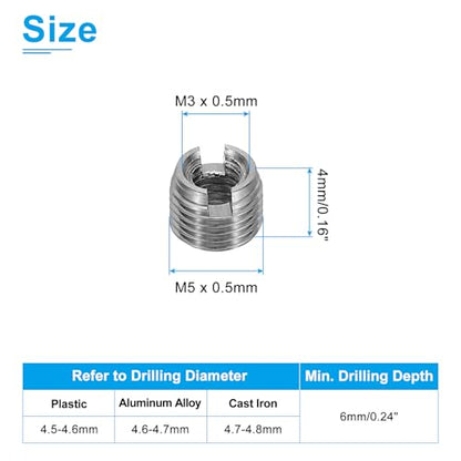 PATIKIL Self-Tapping Threaded Inserts, 20 Pcs M3 x M5 x 4mm 303 Stainless Steel Thread Adapter Reducer Slotted Screw Repair Inserts Nuts Sleeve - size: M3 x M5 x 4mm