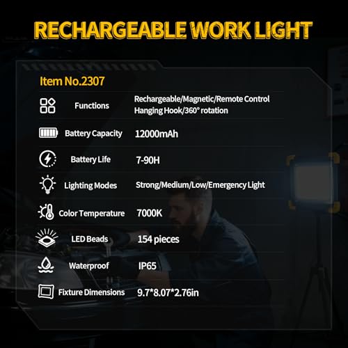 12000mAh Rechargeable LED Work Light, Magnetic Work Light 90H Long Lasting Remote Control Construction Lights IP65 Waterproof 4 Modes Job Site Lighting for Outdoor,Garage - size: work light