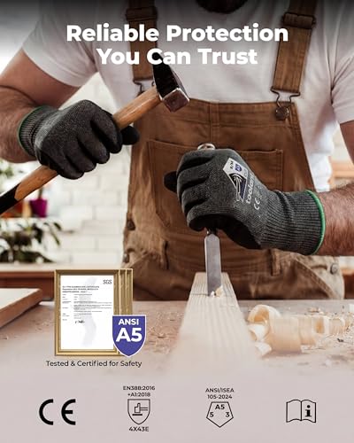toolant ComfyCut A5 Cut Resistant Work Gloves, ANSI & EN388 Certified Protection with Second Skin Comfort, Fiberglass-Free, Touchscreen & Flexible Grip, for Woodworking, Warehouse, Assembly, Medium - size: Medium