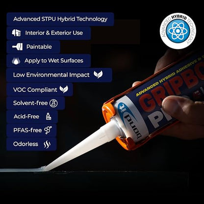 Bond It Gripbond PRO, Advanced Hybrid Sealant & Adhesive, Paintable Waterproof Elastic Bonding Compound, Non-Shrinking Solvent-Free, Interior/Exterior Multi-Surface Repair, 10 oz, White - color: White