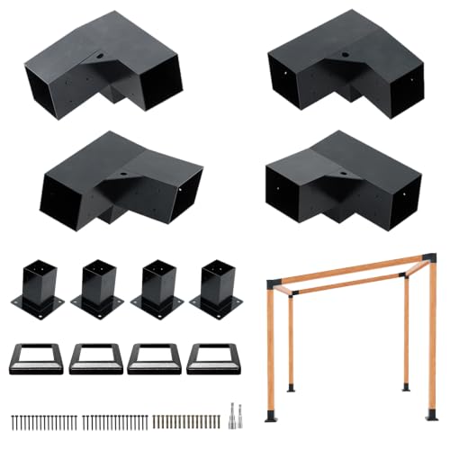 4 PCS Pergola Angled Corner Brackets with 4 Post Bases & Covers - size: 12-Pc Lean-To Kit: 4P Corner+4P Base&Cover