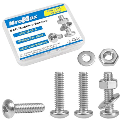12 Sets 1/4-20 x 1 Pan Head Machine Screws Nuts Washers Assortment Kit - size: 1/4-20 x 1"