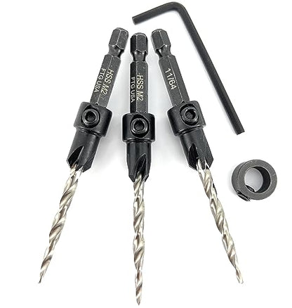 FTG USA #8(11/64") Wood Countersink Drill Bit 3-Pc Set with 3/8" Depth Stop - size: #8, style: 3 Pc with Depth Stop