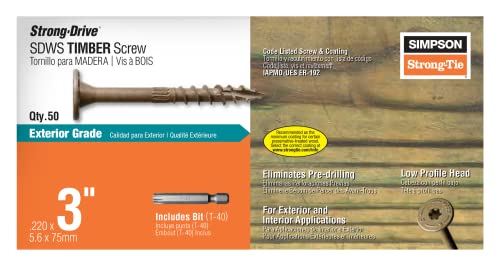 Simpson Strong-Tie SDWS22300DB-R50 Strong-Drive SDWS Timber Screws (Exterior Grade), 0.220 Inch x 3 Inch, Double-Barrier Coated, Washer Head, Sawtooth Point, Tan (Pack of 50)