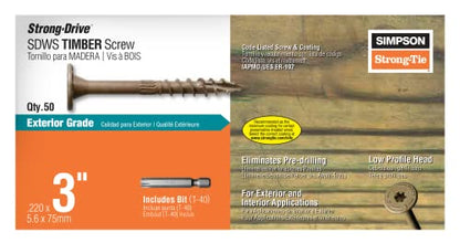 Simpson Strong-Tie SDWS22300DB-R50 Strong-Drive SDWS Timber Screws (Exterior Grade), 0.220 Inch x 3 Inch, Double-Barrier Coated, Washer Head, Sawtooth Point, Tan (Pack of 50)