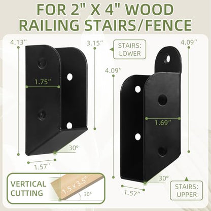 2 Pairs 30° Deck Railing Brackets Stair Connectors fits 2 x 4 Railings (Actual 1.5"x3.5"), Carbon Steel Deck Railing 30° Stair Connectors for Stair Railing Handrail Connection