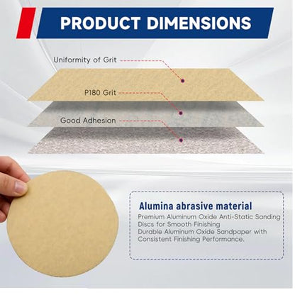 Waltyotur 100Pcs Hook and Loop Sanding Discs - 6 Inch NO-Hole 180-Grit Sandpaper with Aluminum Oxide for Polishing Accessories - size: 180-Grit, style: 6 Inch
