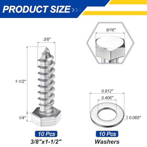 10 Pcs Hex Head Lag Screws 3/8" x1-1/2 Silver - color: Silver, size: 3/8"x1-1/2"