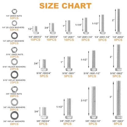 VIGRUE 405PCS Hex Bolts Nuts Washers Assortment Kit 1/4-20 5/16-18 3/8-16 - size: 405PCS SAE 1/4-20 5/16-18 3/8-16