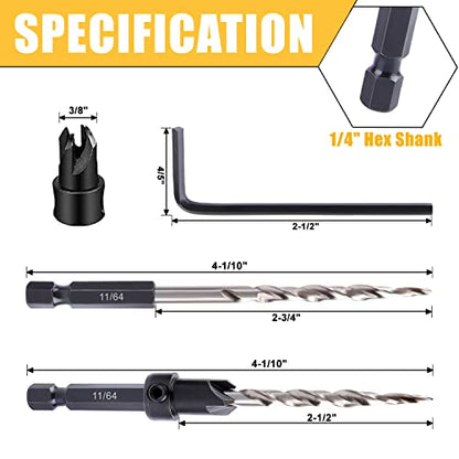 Newdeli 9pcs Wood Countersink Drill Bit Set 1/4" Quick Change Shank - 5Pc Adjustable Countersink Bit #8(11/64") - 2 Extra 11/64 Tapered Drill Bits - 1 Adjust Collar - 1 Wrench, Pilot Screw Hole Set - style: 9pc All Same Size Set(#8)