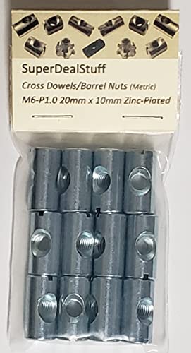 (12) Cross Dowels/Barrel Nuts - M6 P1.0 20mm X 10mm Zinc Center Hole CNC