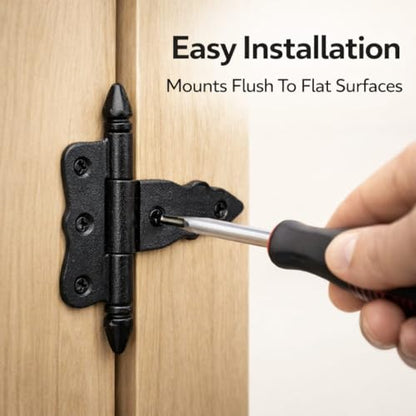 Renovators Supply Manufacturing Black T Strap Hinge 5 Inch Long Wrought Iron Decorative Colonial Hinge Rust Resistant Powder Coated Cabinet Or Door Flush Mount Strap Hinges with Screws - size: Pack of 1