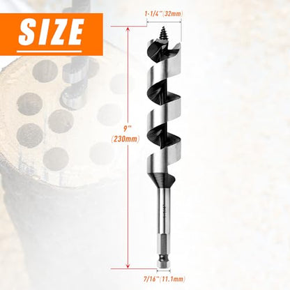 1-1/4 Inch x 9 Inch Auger Drill Bit for Wood,1-1/4 Inch Hex Shank - size: 1-1/4" x 9"