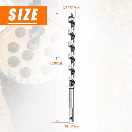 1/2 Inch x 9 Inch Auger Drill Bit for Wood,1/2 Inch Hex Shank - size: 1/2" x 9"
