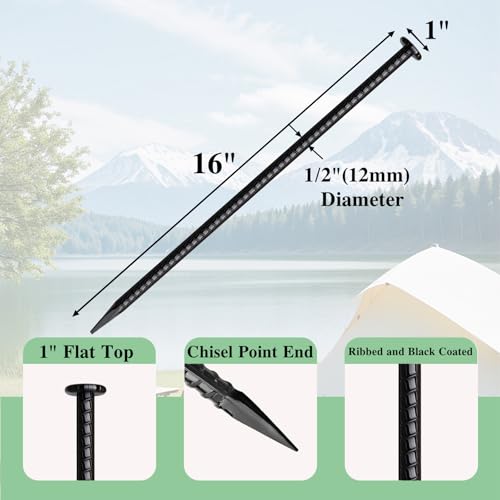 16 Inch Rebar Stakes 10 Pack Heavy Duty Ground Anchors 1/2 Inch Diameter Galvanized Steel Asphalt Anchoring Metal Spikes for Speed Bump, Parking Curb and Camping Tent - size: T-16"x1/2"-10pcs