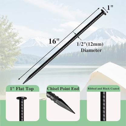 16 Inch Rebar Stakes 10 Pack Heavy Duty Ground Anchors 1/2 Inch Diameter Galvanized Steel Asphalt Anchoring Metal Spikes for Speed Bump, Parking Curb and Camping Tent - size: T-16"x1/2"-10pcs