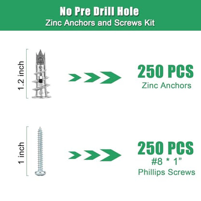 500PCS Zinc Self-Drilling Drywall Anchors with Screws Kit, 250pcs Heavy Duty Metal Wall Anchors and 250pcs #8 x 1'' Screws