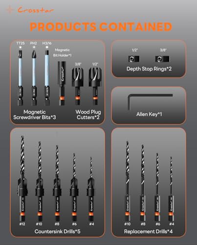 Crosstar 18Pc Countersink Drill Bit Set,Wood Plug Cutter,M2 HSS,1/4" Hex