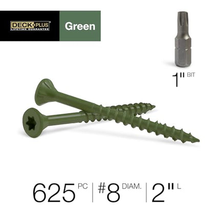 Deck Plus Exterior Wood Screws, #8 x 2in, 625 Pack, Green - color: Green, size: #8 x 2", style: 625 pcs