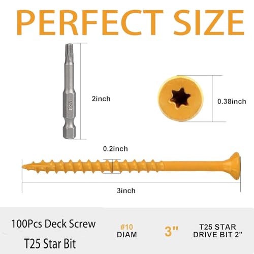 100Pack #10 x 3 Wood Deck Screws 3 Inch Exterior Decking Screw with T25 Bit Structural Wood Screws Rust Resistant Epoxy Coated, Torx/Star Drive Head - color: #10 x 3-100Pack