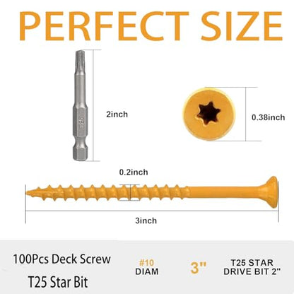 100Pack #10 x 3 Wood Deck Screws 3 Inch Exterior Decking Screw with T25 Bit Structural Wood Screws Rust Resistant Epoxy Coated, Torx/Star Drive Head - color: #10 x 3-100Pack
