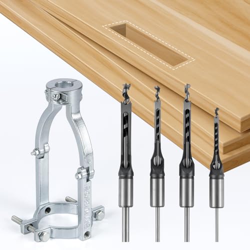 Square Hole Drill Bit Adapter with 4pcs Square Hole Drill Bit, Mortising Attachment for Drill Press, Mortise Machine, Power Tool Accessory for Drill Machines