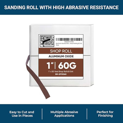 Benchmark Abrasives 1” X 150’ Shop Roll Emery Cloth Sandpaper Roll, Aluminum Oxide Sand Paper for Wood Furniture, Metal Polishing, Sanding, Automotive, Plumbing, Finishing - 60 Grit
