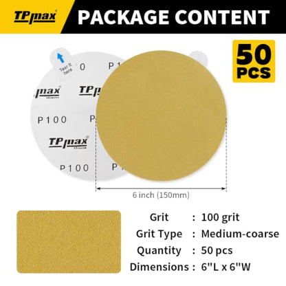 TPmax 6-Inch 100-Grit Gold PSA Sanding Discs, 50 Pack – Pro-Grade Self-Adhesive Stickyback Sandpaper with Quick-Release Tabs for DA Sander, Medium-Coarse Automotive/Wood/Metal Sanding - style: 100 Grit
