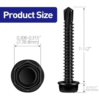#10 x 1-1/2" Hex Washer Head Self Tapping Screws, TEK Screws, Self Drilling, Stainless Steel 410 Sheet Metal Screws, Black Finish, 100 PCS - color: Black, size: #10 x 1-1/2"