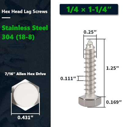 20-Sets 1/4 x 1-1/4" Hex Head Lag Screws & Flat Washers, Heavy Duty Lag Wood Screws, 304 Stainless Steel (18-8), 1/4" Bolt - size: 1/4 x 1-1/4