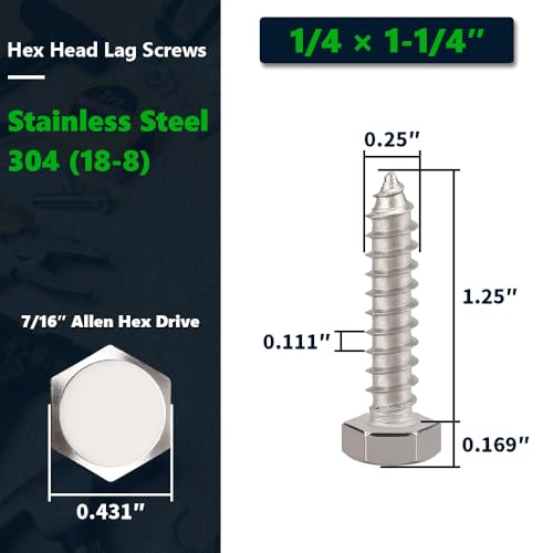 20-Sets 1/4 x 1-1/4" Hex Head Lag Screws & Flat Washers, Heavy Duty Lag Wood Screws, 304 Stainless Steel (18-8), 1/4" Bolt - size: 1/4 x 1-1/4