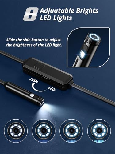 Acoath Endoscope Camera with Light, Dual-Lens 1920P HD Borescope with 8 Adjustable LED Lights, IP67 Waterproof Boroscope Inspection Tools, 33ft Semi-Rigid Snake Camera for iOS & Android - size: 33FT Snake Camera