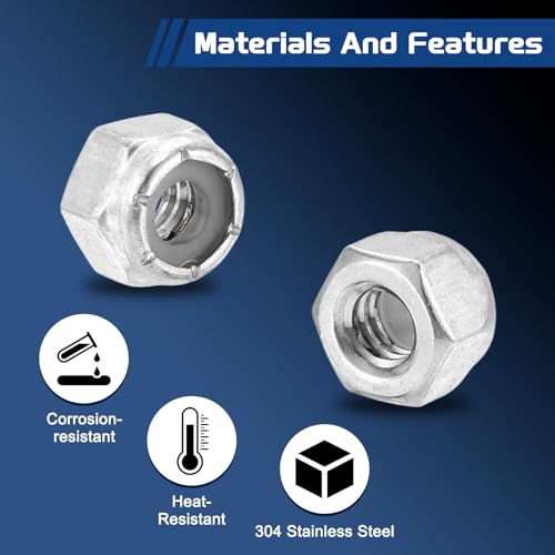 50Pcs 1/4"-28 Nylon Locking Hex Nuts 304 StainlessSteel Silver - color: Silver, size: 1/4"-28
