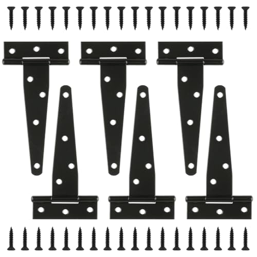 T-Strap Gate Hinges, 6 Pcs 5 Inch T Hinges Shed Door Hinges, Heavy Duty Black Outdoor Tee Hinge for Wooden Fences, Gate Door Hinges, Barn Door Gates Hinges for Shed Door Hardware Hinges