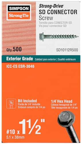 Simpson Strong-Tie SD10112R500 - #10 x 1-1/2 Inch Strong Drive SD Connector Screws - 1/4 Inch Hex Head, Galvanized Coating, Hex Bit Included, for Construction, Home Improvement (Box of 500)
