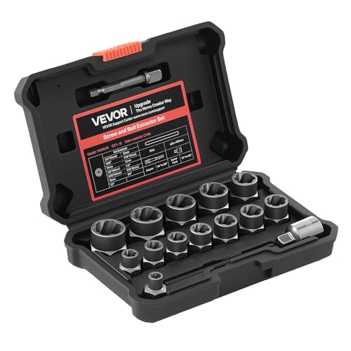 VEVOR Bolt Extractor Kit, 16 Pieces Impact Bolt & Nut Remover Set with Adapters and Pin Punch, Solid Storage Case, Cr-Mo Steel for Removing Damaged, Rusted, Stripped, Rounded Bolts, Nuts and Screws - size: 16 PCS